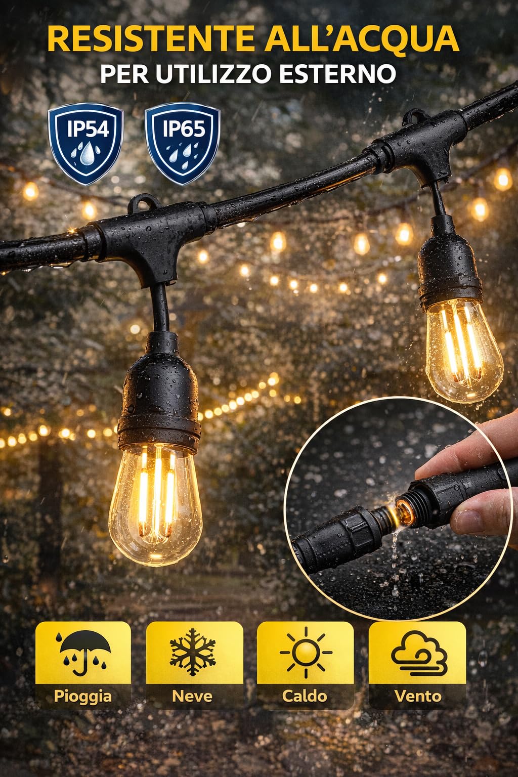 Catenaria Luci Esterno 30 Metri 30 Portalampade E27 Collegabile IP54 Connettori IP65 Catena Luminosa Giardino Terrazzo Senza Lampadine (300, Centimetri)