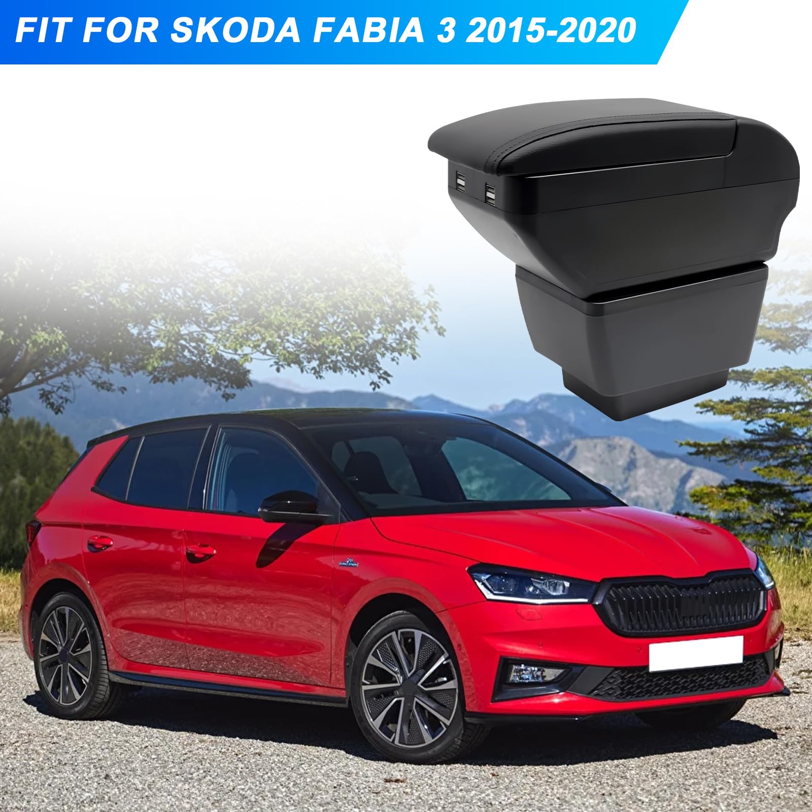 Scatola per Braccioli per Auto per 2015-2020 Skoda Fabia 3, Bracciolo a Doppio Strato con 7 Porte di Ricarica USB Scatola Portaoggetti per Console Centrale in Pelle PU Nera