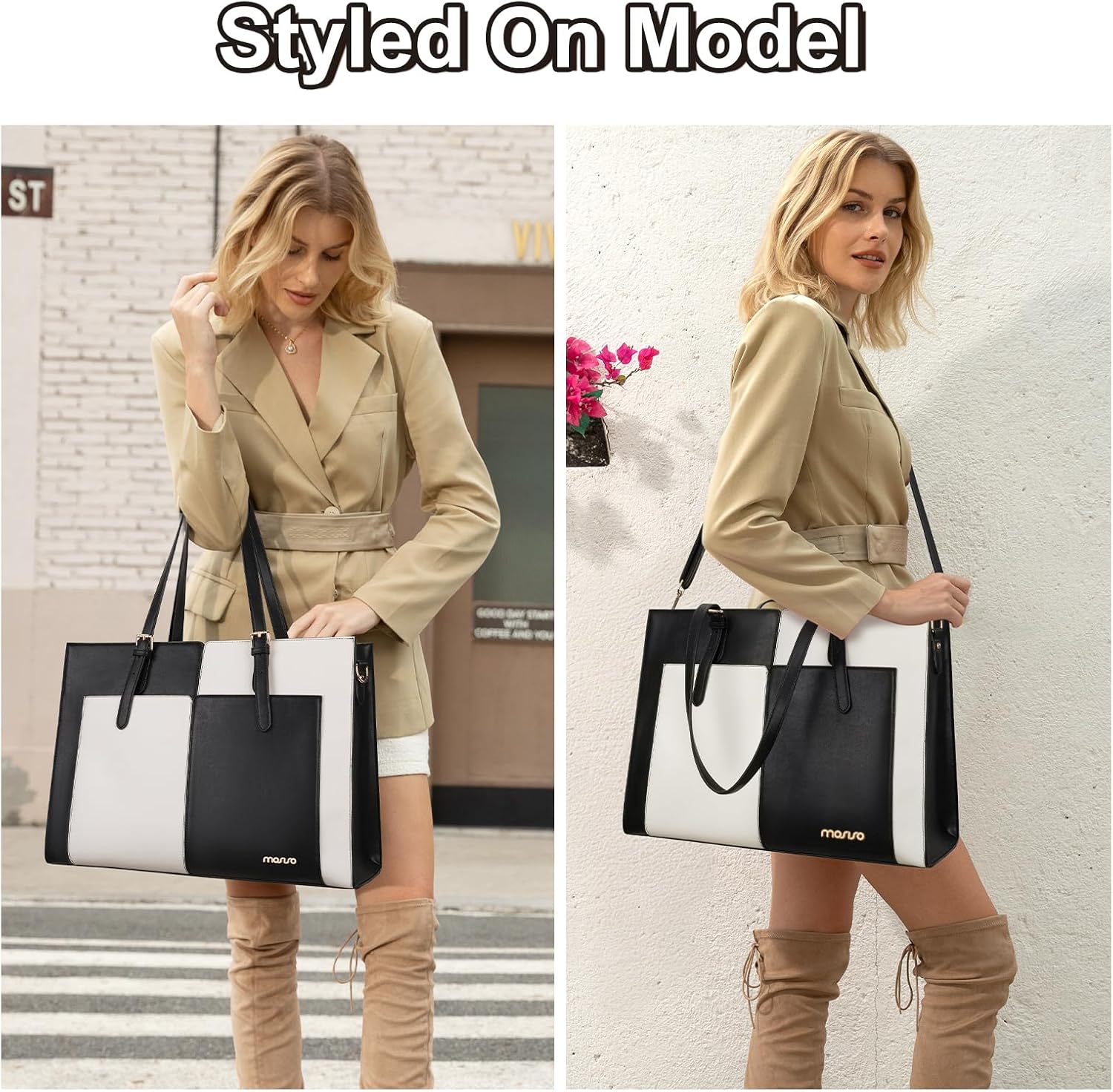 MOSISO Laptop Bag for Women, 15.6 inch PU Leather Tote Bag with Laptop Compartment, Large Capacity Top Handle Purses Satchel Handbag Shoulder Bag for Work Dating College with Clutch Purse, Black&White