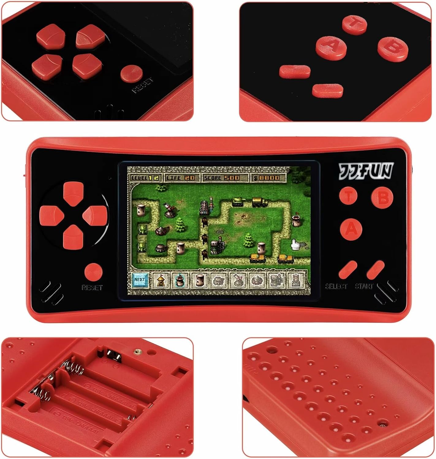 Close-up views of the HigoKids Handheld Game System, showing the D-pad, action buttons, screen, reset button, and textured back.