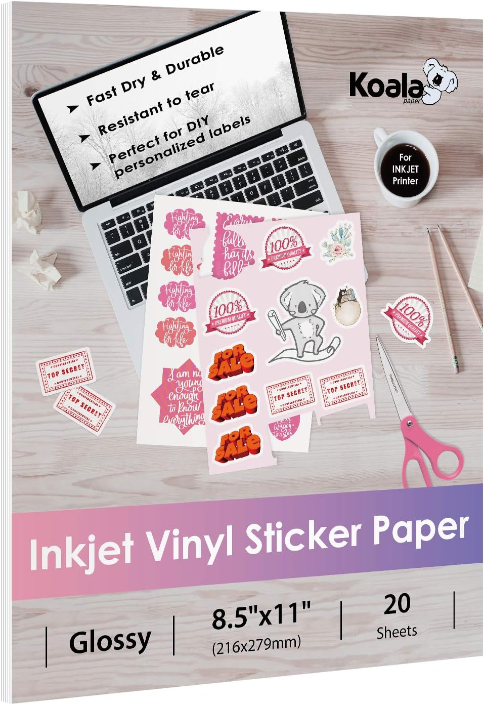 Koala Printable Vinyl Sticker Paper for Inkjet Printers - 20 Sheets Glossy White Water-Resistant Adhesive Label Paper - 8.5x11 Inch, Tear-Resistant, Removable