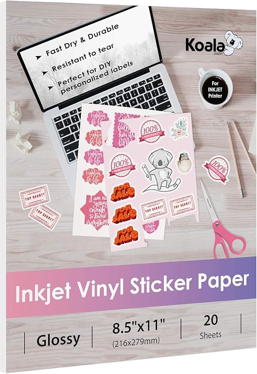 Koala Printable Vinyl Sticker Paper for Inkjet Printers - 20 Sheets Glossy White Water-Resistant Adhesive Label Paper - 8.5x11 Inch, Tear-Resistant, Removable
