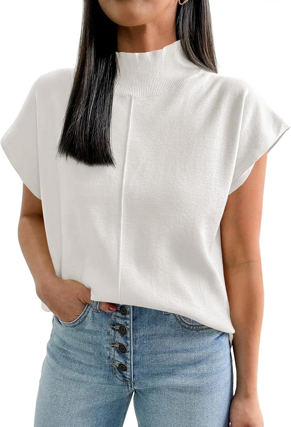 Saodimallsu Womens Summer Cap Sleeve Tops Mock Neck Knit Sweater Vest Sleeveless Work Elegant Shirts