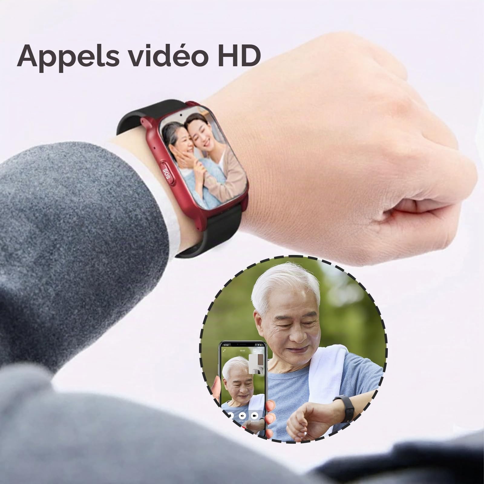 Bracelet Alarme Personne Agee, Montre Connectée avec Détecteur De Chute, Bracelet De Positionnement Bouton SOS, GPS, Montre AlzheimerRed,1.25 * 0.57 * 2.22inch