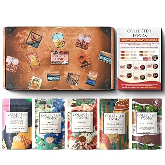 BBQ Rub Gift Set - 5 Spices Gift Set in Premium Box - Great Grilling Gift for Mothers Day, Fathers Day, Birthday, Men, Women - Unique Barbecue Seasonings Gourmet Spice Set of 5 Bacon Salt, Harissa, Umami Mushroom Powder, Coffee Rub, Tuscan Grill