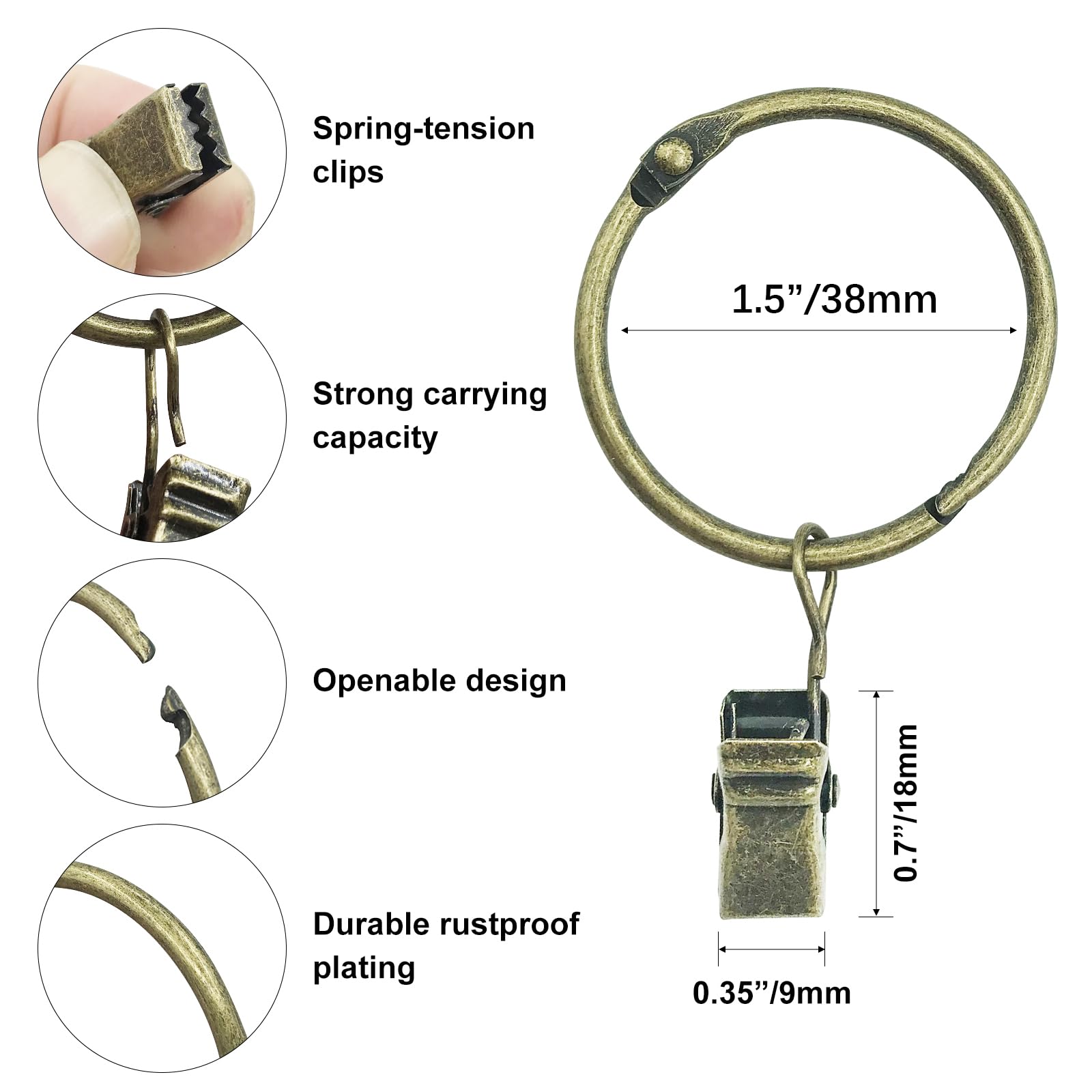 Meriville Anelli Per Tende Con Clip In Acciaio, Diametro Interno 3,8 Cm, Set Da 14 Pezzi Con Inserti In Nylon, Bronzo Lucidato A Olio - 3