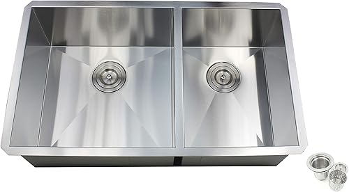 Fregadero de cocina contemporáneo de acero inoxidable de calibre 16, duradero, con doble tazón, con colador de cesta extraíble (32 pulgadas, 6040)