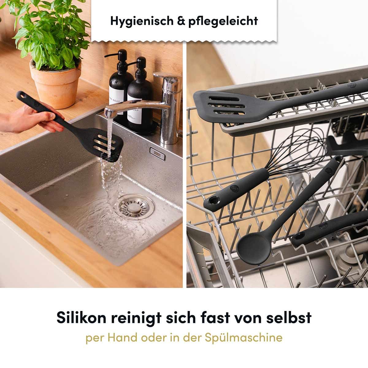 Hoffmann 10-teiliges Kochgeschirr-Pflegeset, Pfannenschoner, Silikonwender, Schöpfkelle, Mikrofasertücher, 200°C Hitzebeständig, Antiverschleiß-Set, Silikon Küchenhelfern
