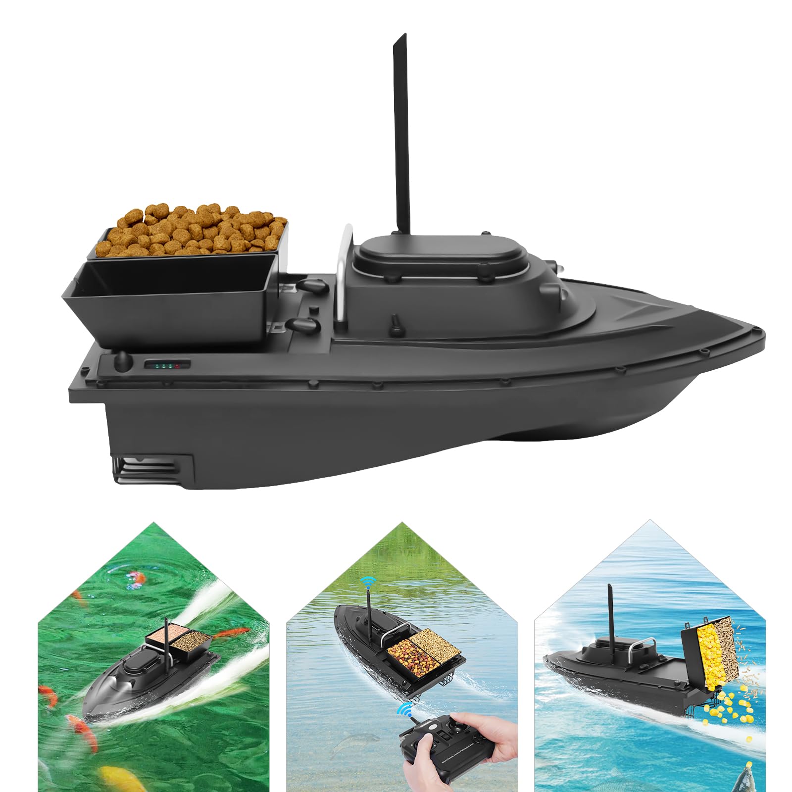 Barca da Pesca, Elettrica con Doppio Scomparto Esche - Telecomando 2.4G 500M - Batteria 5200mAh - Materiale ABS - Luci LED Integrate per Laghi e Pesca Professionale