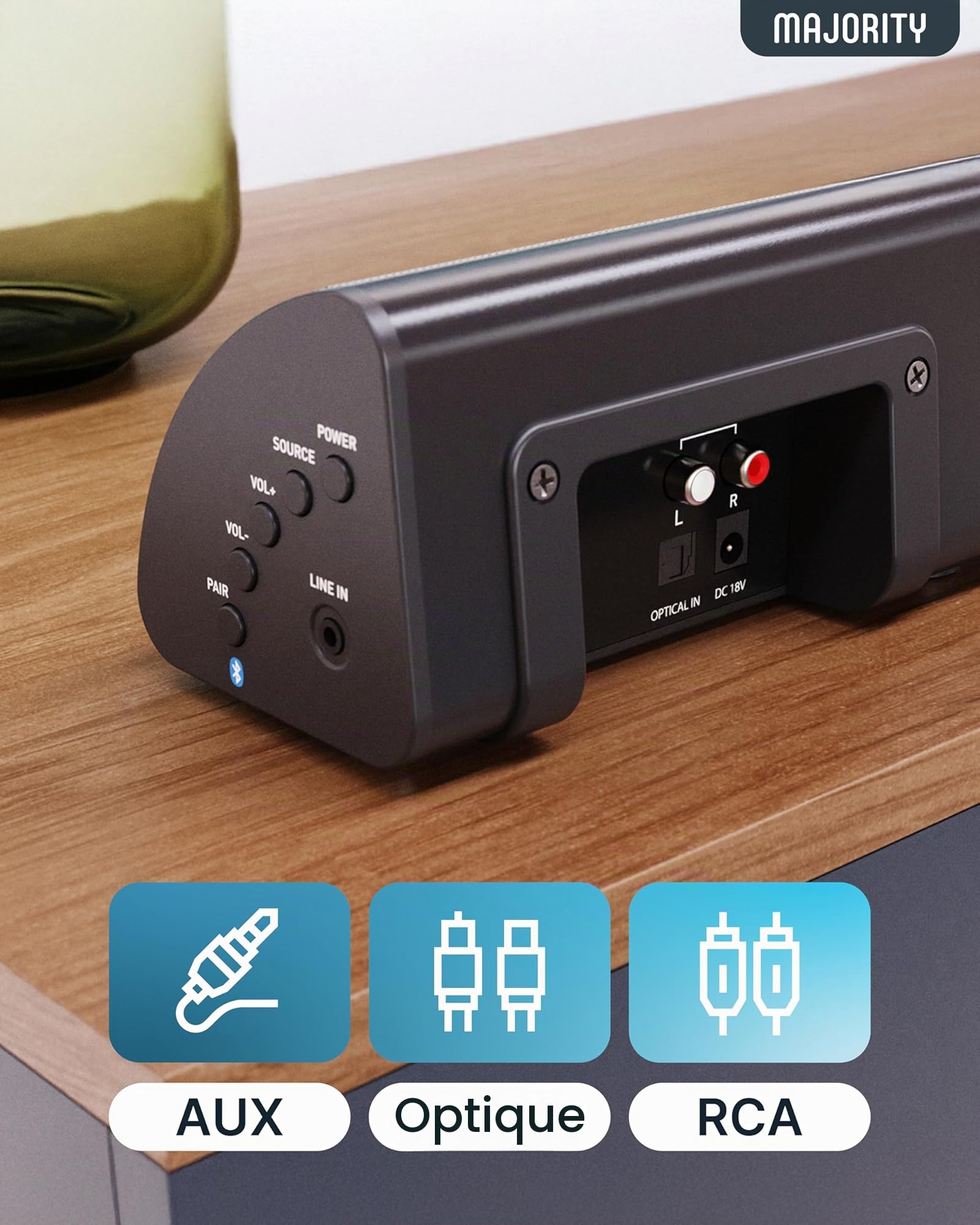 Majority Snowdon 120W Barre de Son TV Bluetooth | Enceinte TV Home Cinema 2.1 | Barres de Son avec RCA, Optique et AUX | Caisson de Basse Intégré | Montage Mural