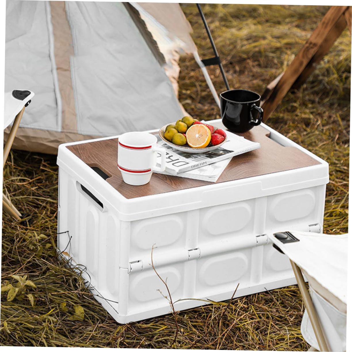 INOOMP Caja de Almacenamiento Plegable Tapa, Blanco, Madera y Pp