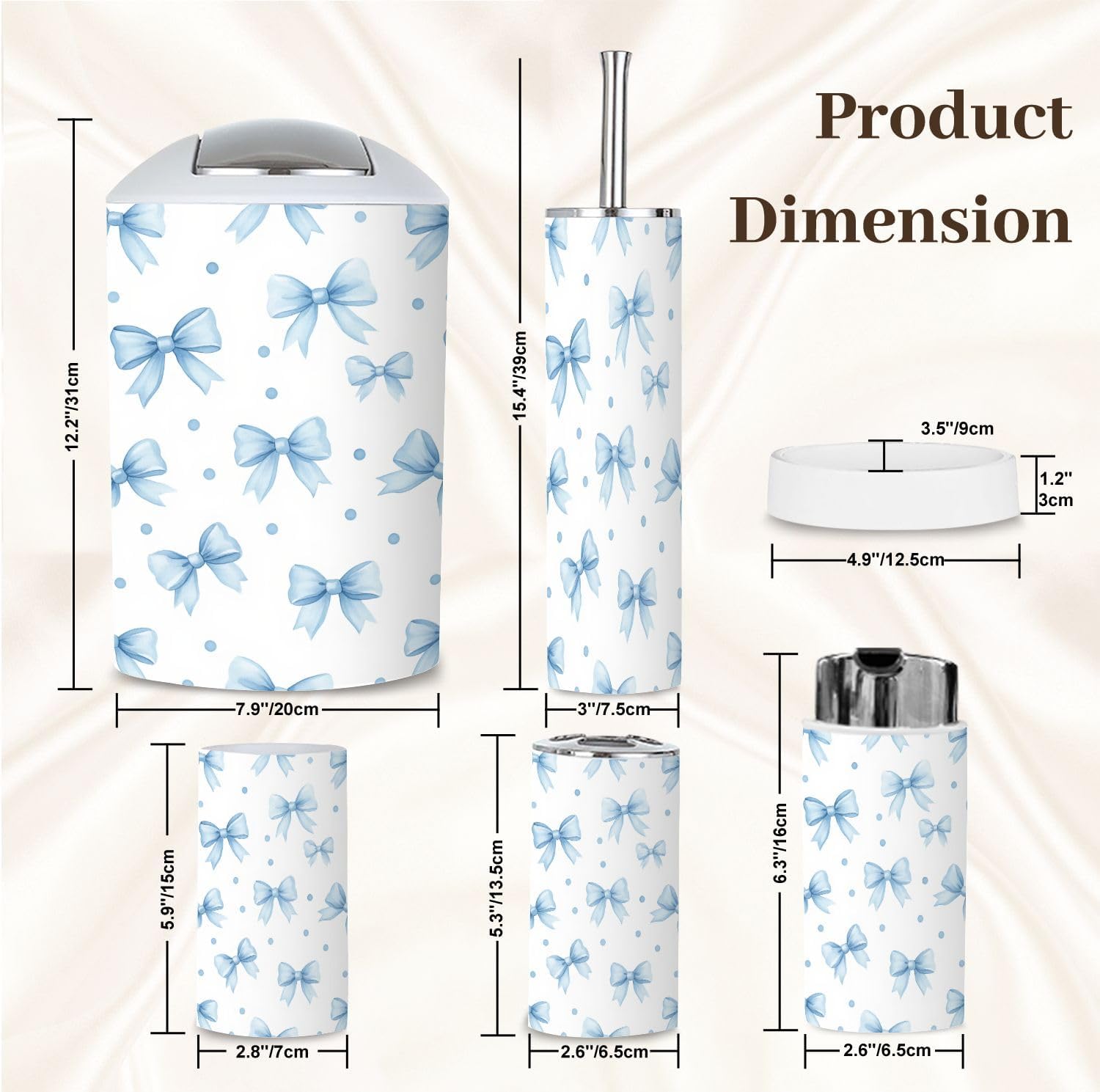 Bathroom Accessory Set 6PCS Blue Bow Polka Dots White Trash Can, Soap Dispenser, Toothbrush Holder, Toothbrush Cup, Toilet Brush Holder, Soap Dish for Gifts