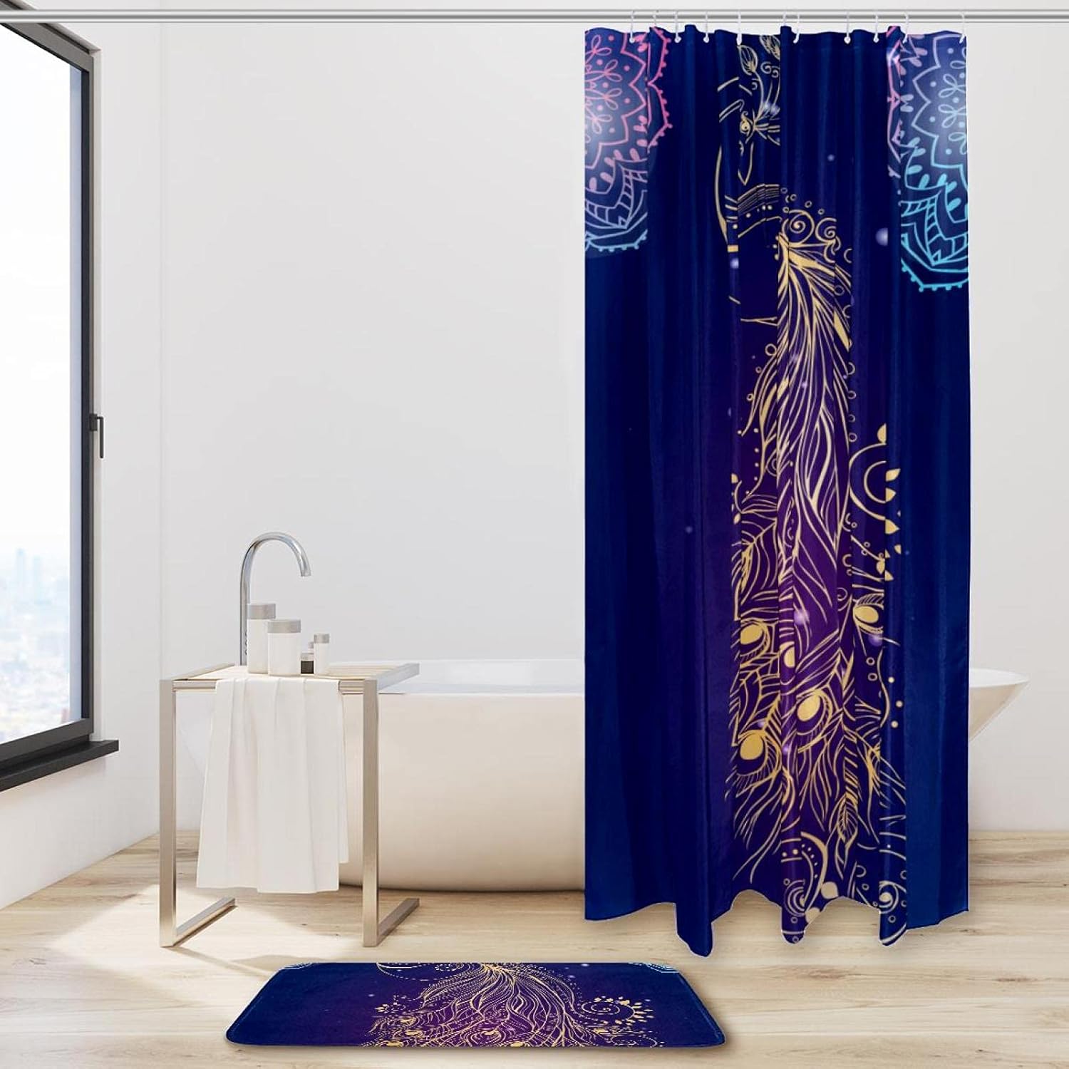 KXO Dark Blue Golden Peacock, Waterproof Shower Curtain and Mat Set Polyester Bathroom Curtain and Rug Set with Hooks 70.8"x70.8"