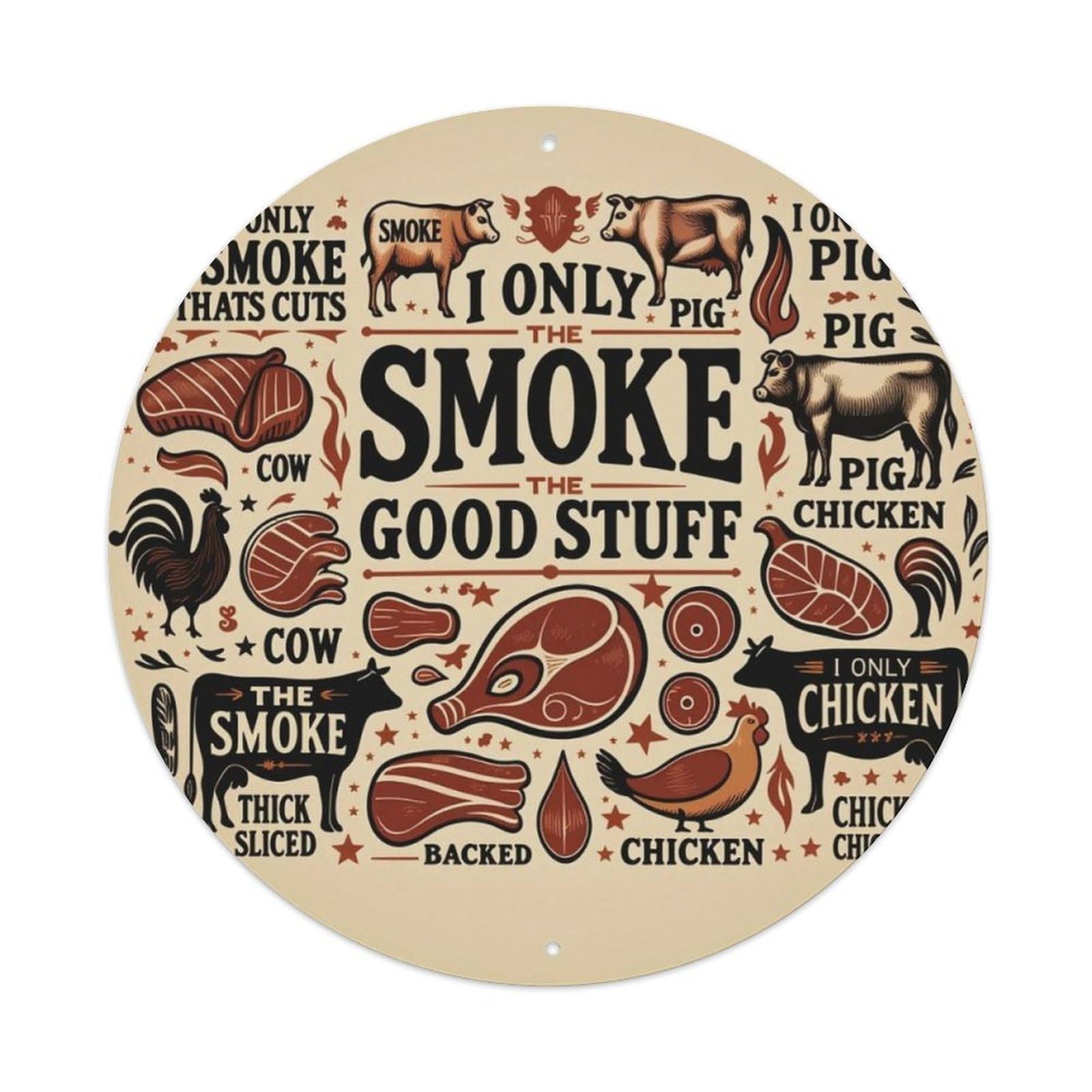 Vintage BBQ Smoked Meat Farm Animal Round Sign Vintage Aluminium Metal Sign, Retro Wall Decor for Home, Bar, Garage & Farmhouse 20x20cm