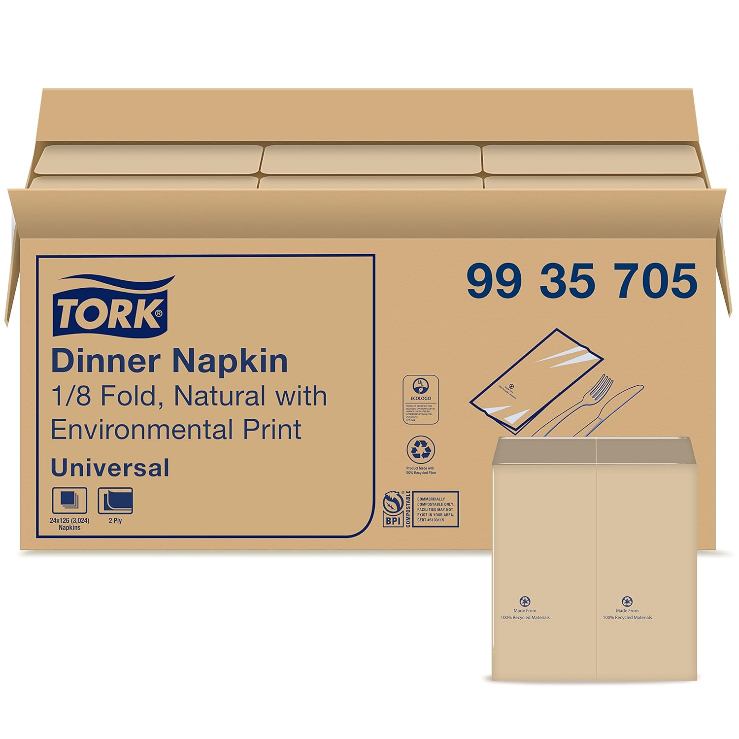 Tork Natural Dinner Napkin, 1/8 Fold 2-ply, 15" x 16.3", 24 x 126 napkins, 9935705