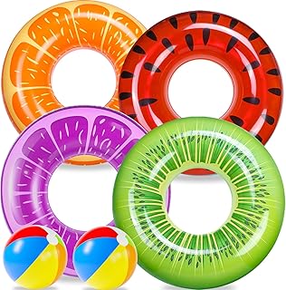 FindUWill 6 Pack Pool Floats Kids, Pool Swim Tubes Rings(4 Pack) - 4Pcs Inflatable Big Floaties Beach Swimming Toys with 2Pcs Beach Balls for Kids Adults Raft Floaties Toddlers