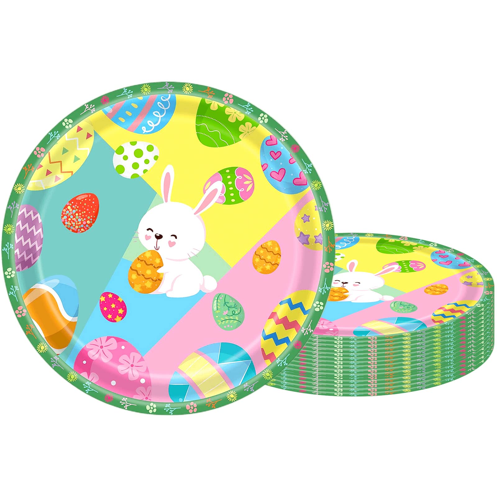 16Pcs Easter Kids Party Paper Plates 7 inch,Happy Easter Bunny Paper Plates Party Tableware Decoration Green Party Paper Plates Packs Eggs Rabbit Plates for Easter Kids Adult Party Decorations
