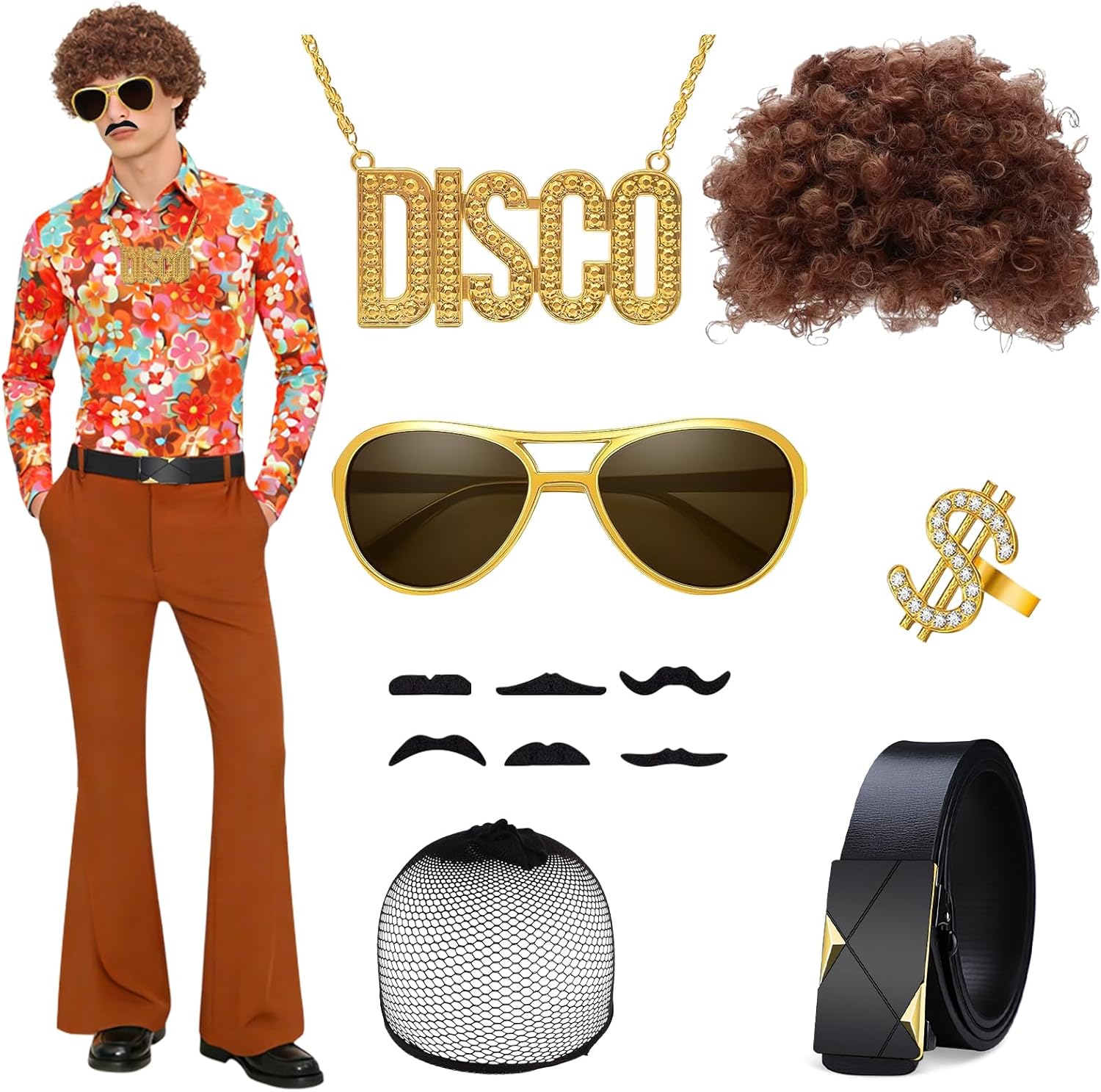 TOLOYE 70s Outfits for Men - 9 Pcs Disco Outfits Costume Wig Shirt Bell Bottom Pants with Accessories for 70s Retro Party