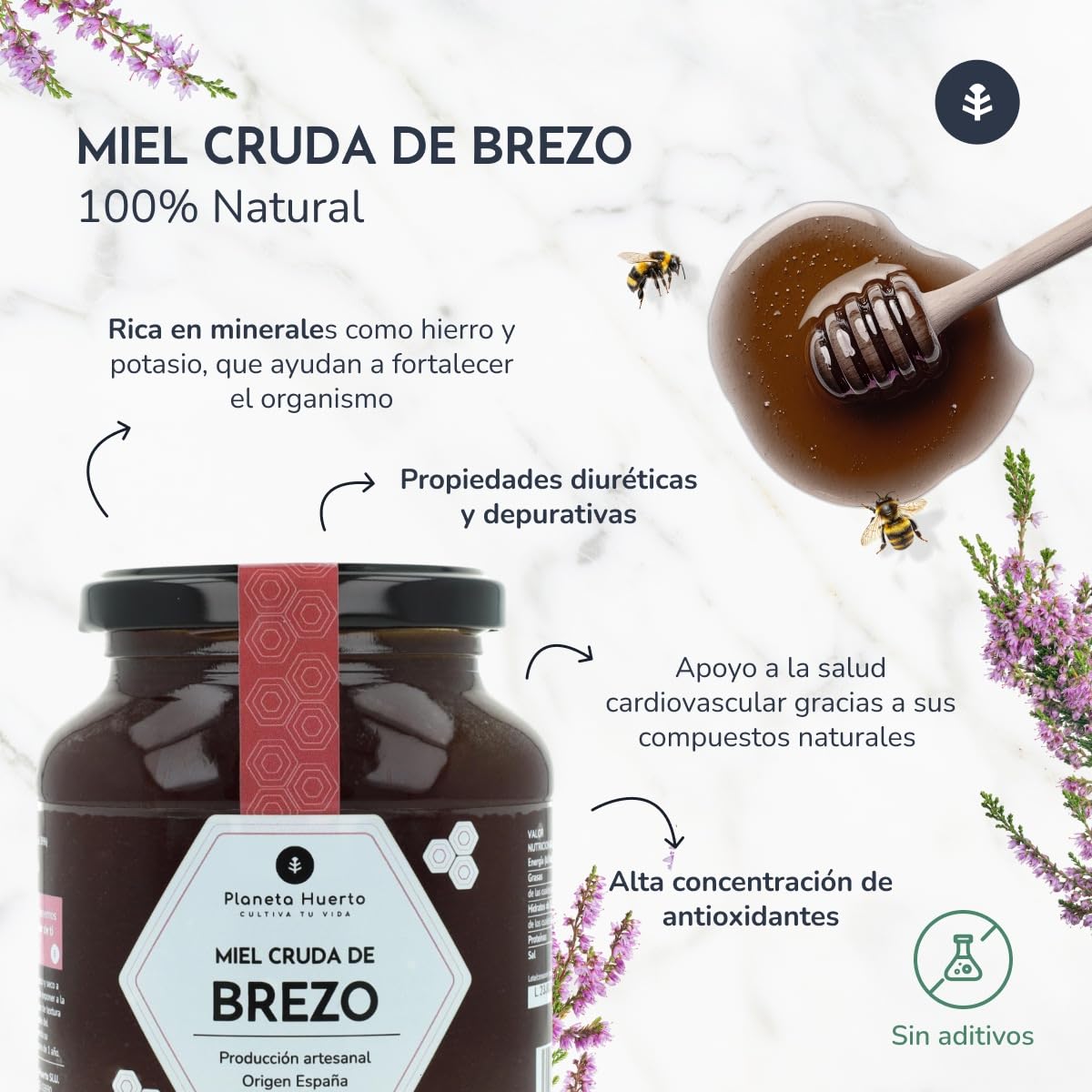Miel Cruda de Brezo 1 Kg 100% Natural - PLANETA HUERTO, Sin Filtrar, Origen España
