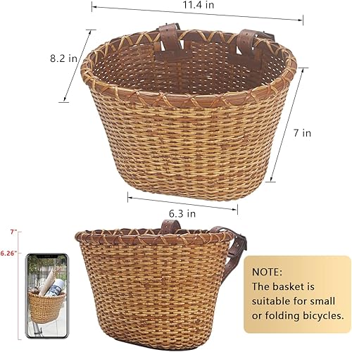 Miniatura 6 de Cesta de bicicleta – Manillar tejido de caña para almacenamiento de bicicletas con correas de cuero ajustables y hebillas para niños y adultos