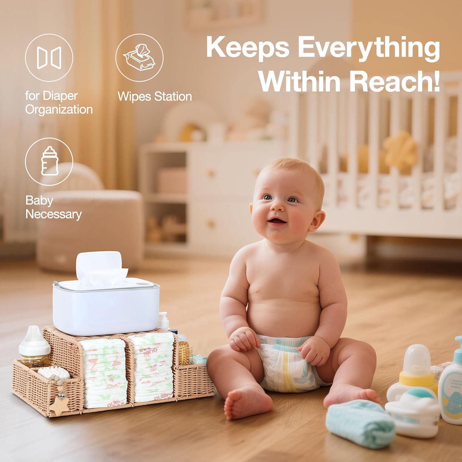 Diaper Caddy Organizer, Hand Rattan Nursery Storage Basket for Baby Essentials, Baby Changing Table Organizer Perfect Nursery Assistant (Natural Woven, L)