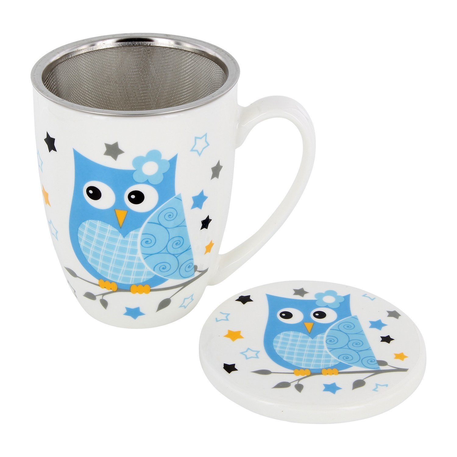 Juego de taza de té-Taza de té con filtro + Tapa Porcelana Diseño Búho 6piezas 11cm)