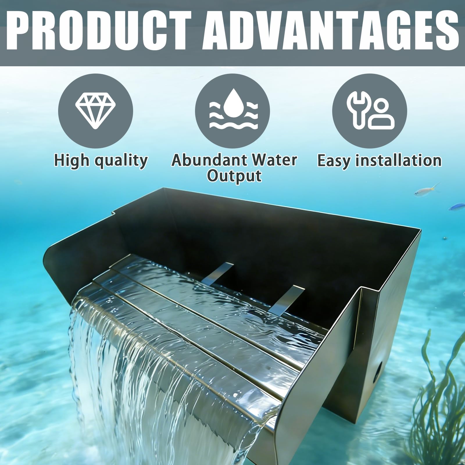 Teich Wasserfall für Gartenteich, 30CM Edelstahl Teichwasserfall Set Garten Teich Brunnen 304 Edelstahl mit Wasserfall Deko Garten Teich Wasserspiel Patio Terrasse Außenteich (Ohne Pumpe