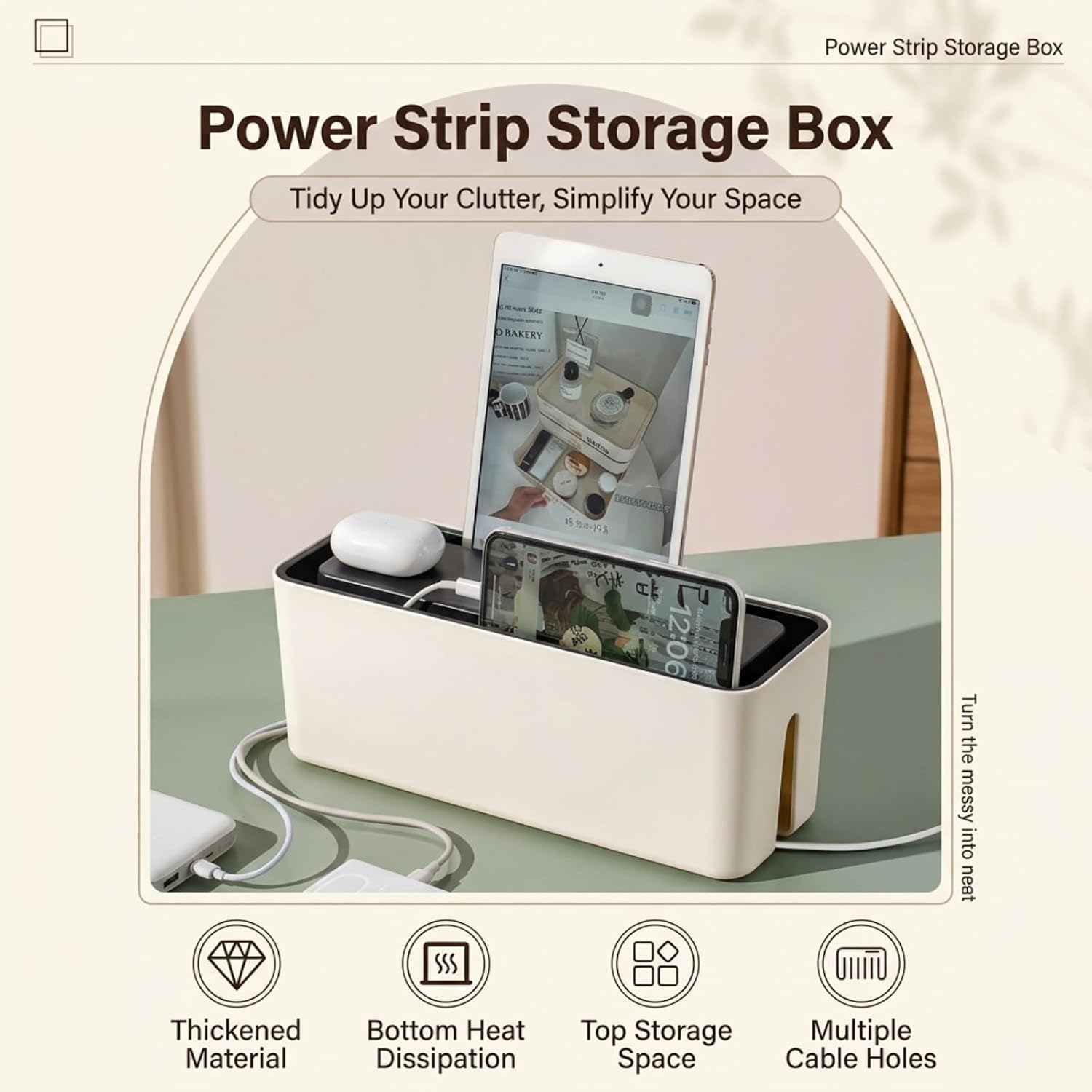 Cable Management Box, Dust-Proof & Heat Dissipation Cord Organizer, Hide Power Strips and Messy Wires, 11.8"x4.3"x4.5", Home Office Desk Accessories, Includes 3 Stickers & Cable Organizer Straps (A)