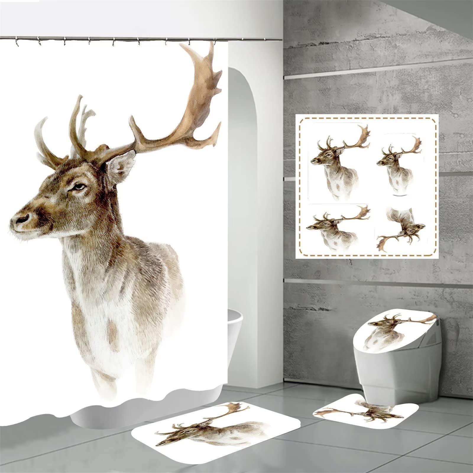 Tenda Doccia Alce colorato, Tende Doccia 4 Pz Con Tappetini da bagno/Sedile da toilette/U Forma Tappetini per pavimentiTenda per Doccia Impermeabili Tenda Vasca da Bagno con 12 Ganci 150x180cm Z-28