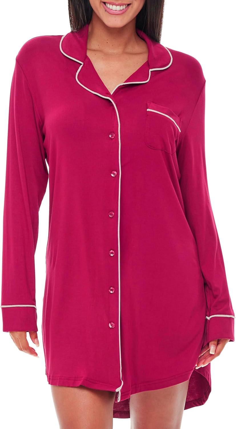 Alexander Del Rossa Womens Soft Knit Pajama Nightgown, Boyfriend Style Long Sleeve Sleep Shirt