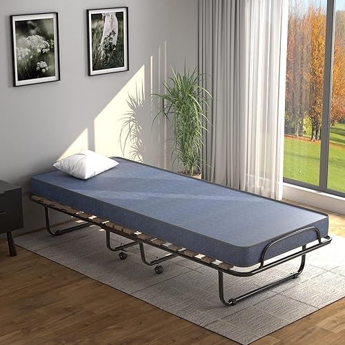 Miniatura 20 de HAPPYGRILL Cama enrollable, cama plegable con colchón de espuma viscoelástica de 5 pulgadas, marco de acero resistente, 4 ruedas universales, cama