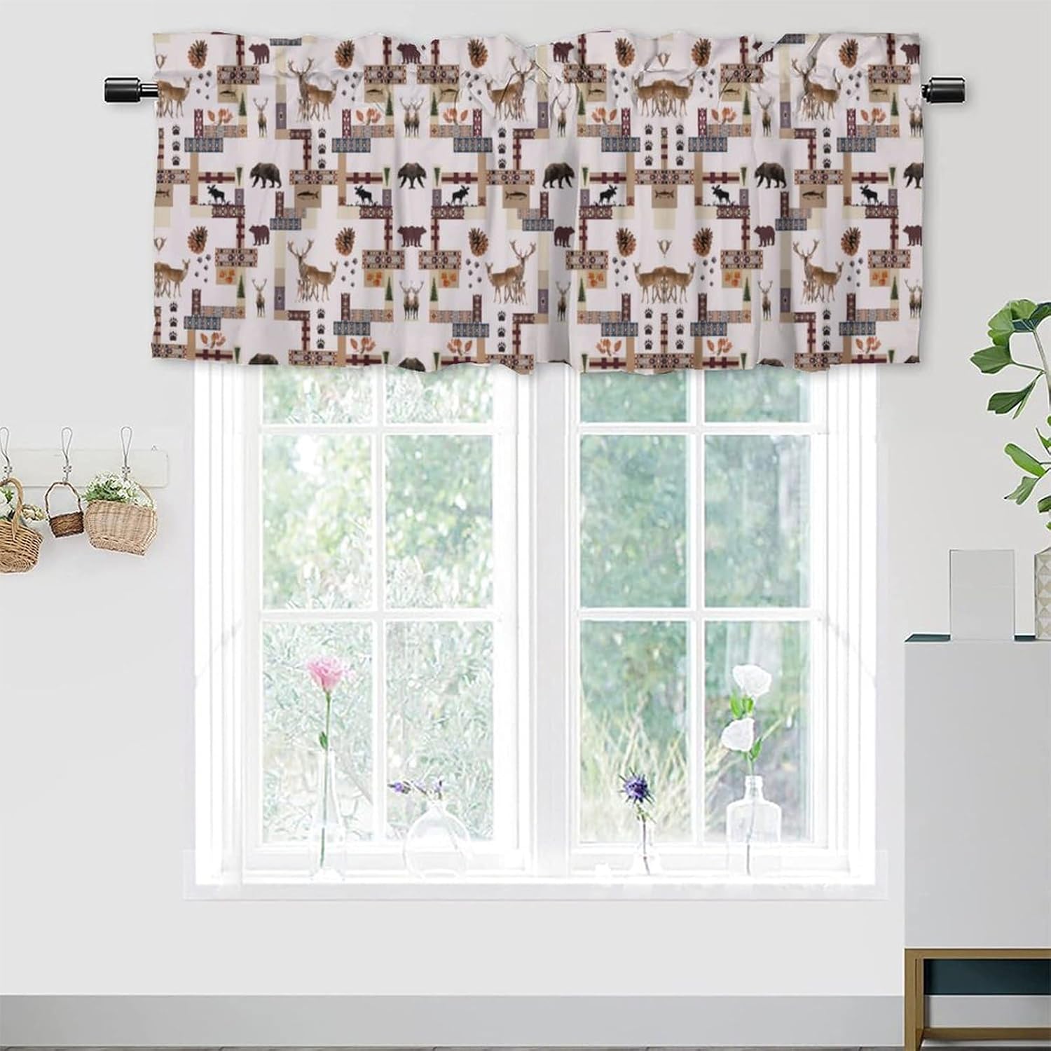 Brebasf Vintage Wild Deer Valance for Window Curtains,Abstract Deer Animal Watercolor Plant Leaf Rod Pocket Curtains Valance Window Treatment 54x18inch,2Pcs