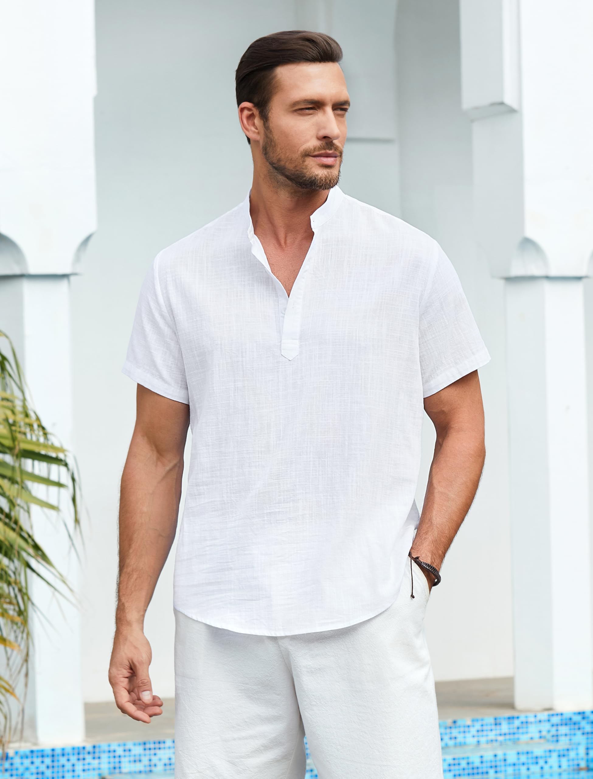 Enlision Camisa Lino Hombre Manga Corta Verano Camisas Casual para Hombres Cuello Mao Ibicenca Camiseta con Botones Algodón Color Sólido Ropa S-4XL