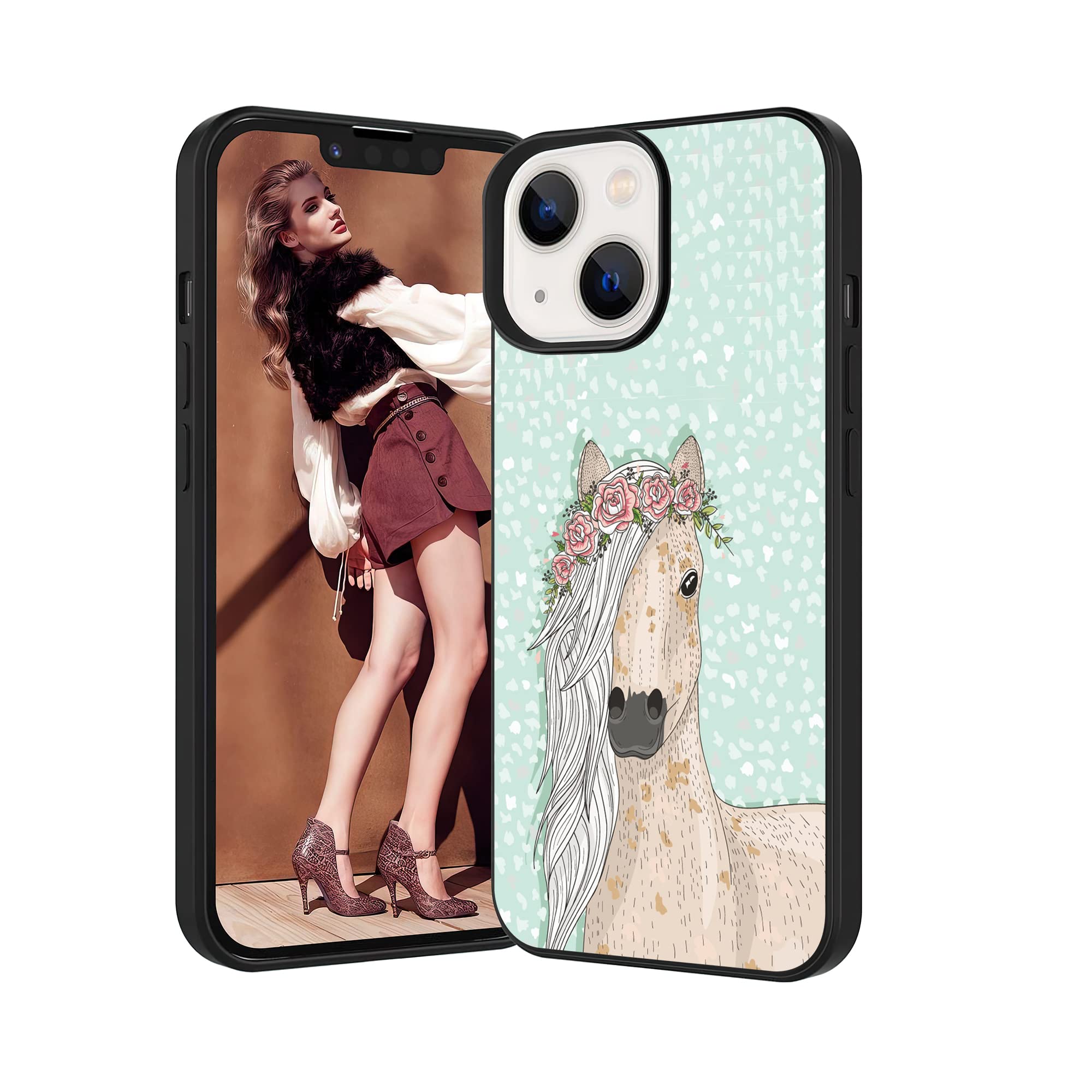 Compatible with iPhone 13 Case,Cool Horse with Flowers Phonecase for Girl Women Boys,Soft TPU Full Body Protection Shockproof Drop Protection Phone Case Cover for iPhone 13 6.1Inch