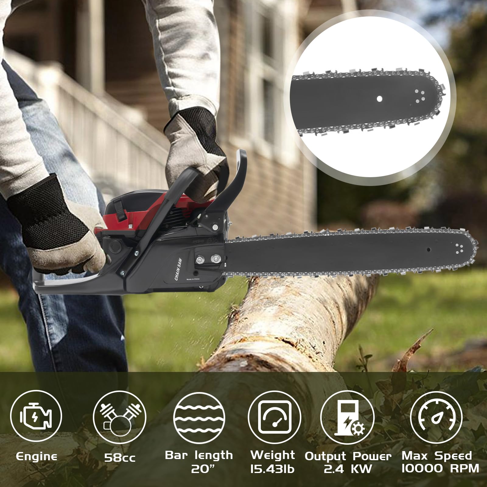 Amazon.com : 58cc Gas Chainsaw, 20 Inch Gas-Powered Handheld