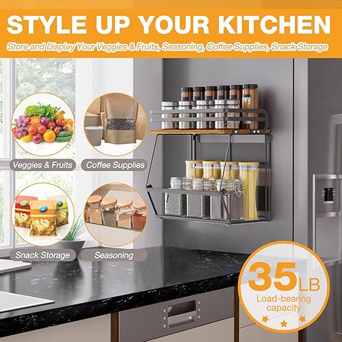 Miniatura 4 de Estante magnético para refrigerador con tapa de madera, estante magnético para especias de gran capacidad para refrigerador y cocina, contenedor de