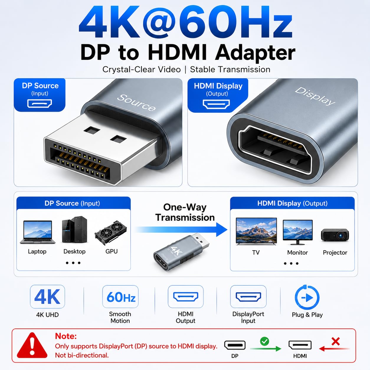 Lot de 5 adaptateurs DisplayPort vers HDMI, convertisseur DP vers HDMI plaqué or, compatible avec PC, ordinateur portable, moniteur, TV, projecteur, GPU NVIDIA/AMD, ordinateur de bureau Dell/HP (4K