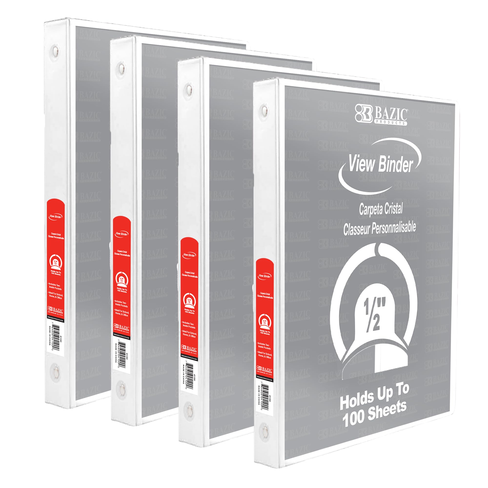 BAZIC Products 1/2 in White 3-Ring View Binder, Round Ring, 4-Pack