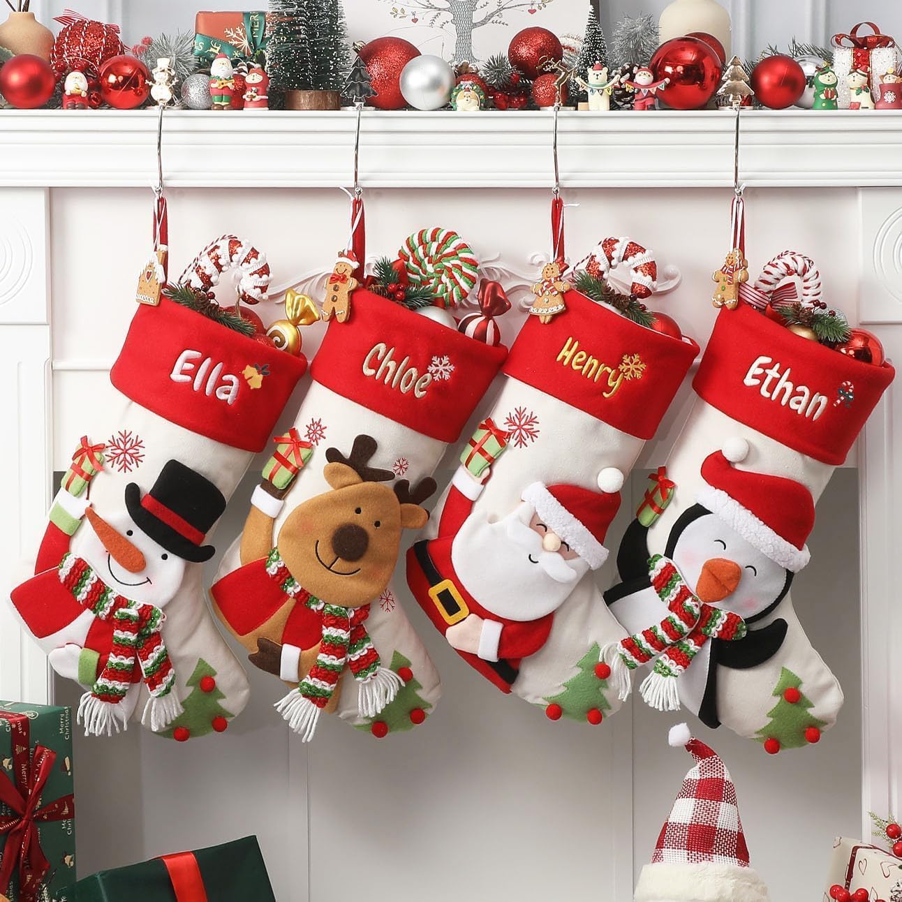 Infiher Personalised Christmas Stockings with Embroidered Name & Monogram,Custom 3D Xmas Character Stocking 4 Pack 18” Large,Santa,Snowman & Reindeer Fireplace Hanging Burlap Plaid Stockings(A)