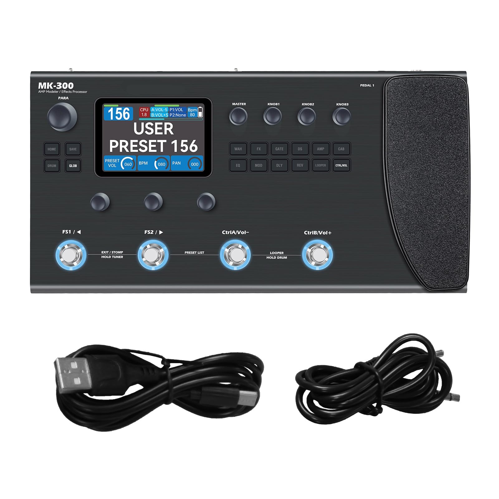 Processore di Effetti per Chitarra Modello Drum Machine da 120 AMP Interfaccia MIDI Re-Amp Processore Multieffetto per Chitarra Portatile Pedale Ricaricabile la Regist (Nero)