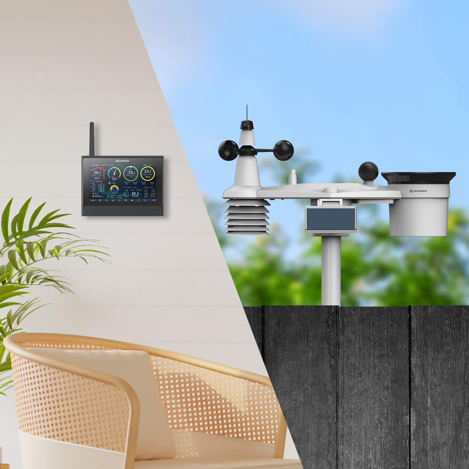 Bresser 9-in-1 MeteoChamp HD WLAN-Wetterstation mit solarbetriebenem Multisensor, Luftqualitätsanzeige, Hitzestress-Index, Datenspeicher | Innentemperatur und Außentemperatur, Luftfeuchtigkeit, Regenmesser, Windmesser, 14 Tage Wettervorhersage, App, WBGT
