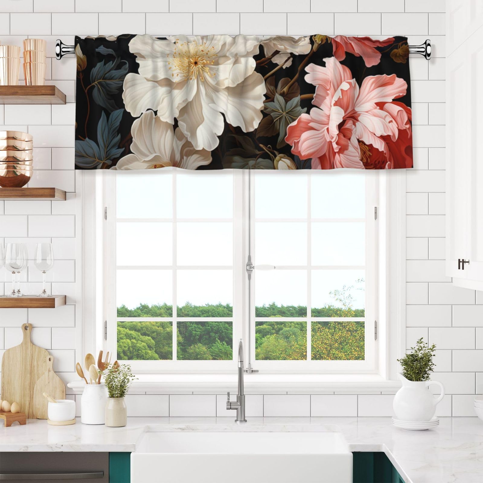 NONHAI Fashion Flower Valances for Windows Short Curtains Rod Pocket Cafe Window Treatments Valance Curtains for Kitchen Bathroom Laundry Basement Windows 54x18inch Blackout Window Valance