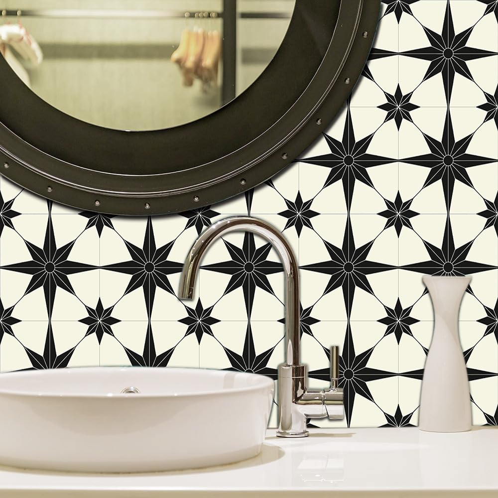 Tile Stickers 10Cm X 10Cm Black Star Wall Tile Stickers,Self Adhesive Wall,Tiles Decals Waterproof,Sticker DIY Tiles,Home Decor,Waterproof Oilproof (10Pcs)