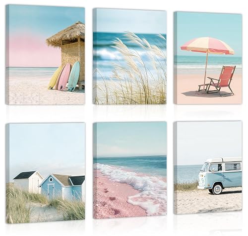 CHDITB Coastal Beach Pastel Framed Canvas Wall Art, Ocean Summer