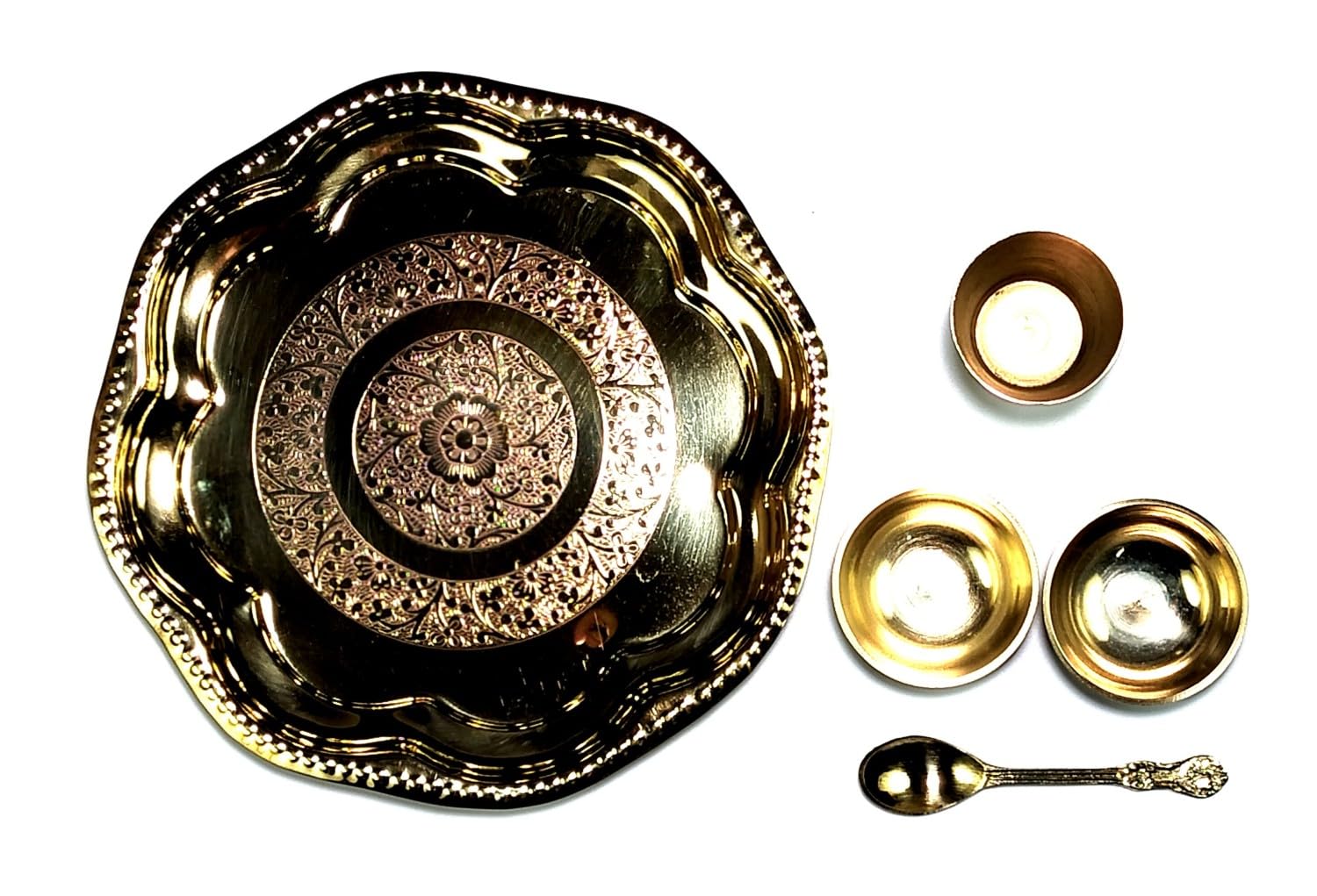 ASHIRWAD Pure Brass Laddu Gopal Shri Krishna Bhog Thali Set Nakashi Flower Peacock Design Puja Plate Embossed Aarti Puja Meenakari Pital (Set-2)