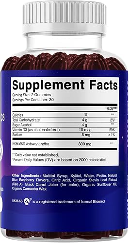 Miniatura 8 de Vitamatic KSM-66 Ashwagandha + D3 Gummies - Sabor natural de frambuesa azul - Sin azúcar, sin gluten, sin OMG - 60 gomitas