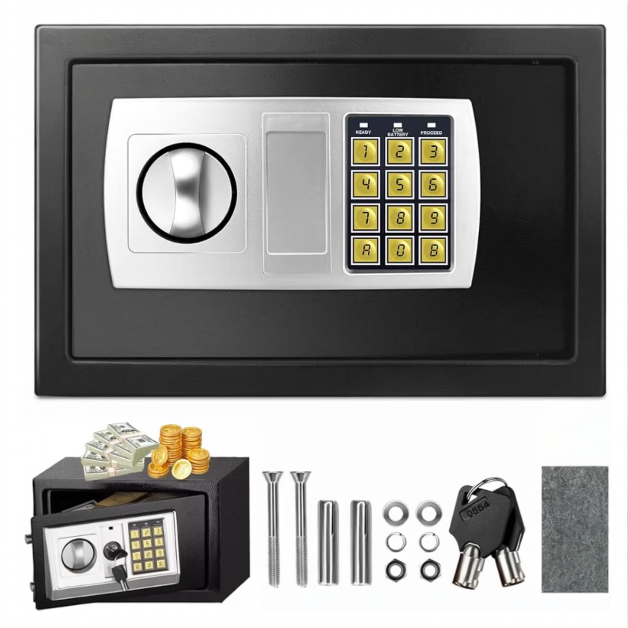 Caja Fuerte Digital con Cerradura de Combinación y 2 Llaves - Caja Fuerte de Seguridad Resistente para Efectivo, Joyas, Objetos de Valor - Operación Sin Batería, Diseño Compacto para Hogar, Oficina, N