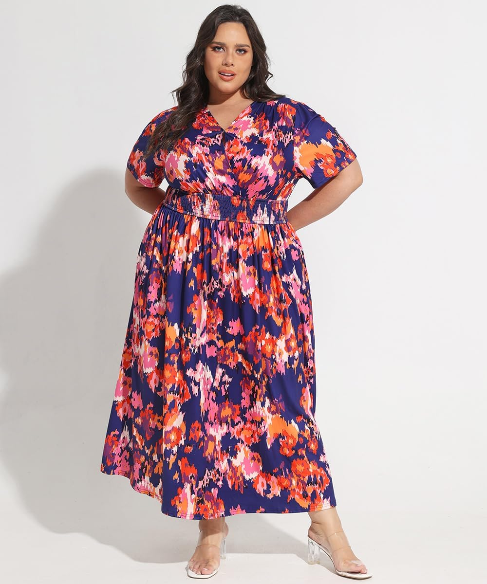 CARCOS Plus Size Dresses for Curvy Women V Neck Summer Maxi Dress Short Sleeve Floral Boho Dress Smocked Waist Beach Dress - Image 3