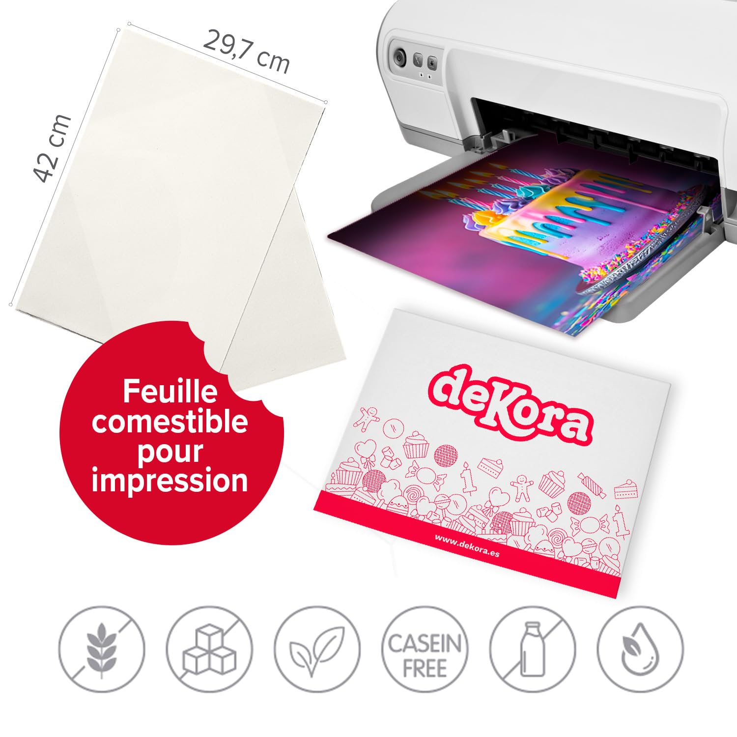 dekora – 20 feuilles comestibles A3 pour imprimante alimentaire | Papier alimentaire sans sucre et sans E171 | Décoration gâteau comestible | Photo alimentaire