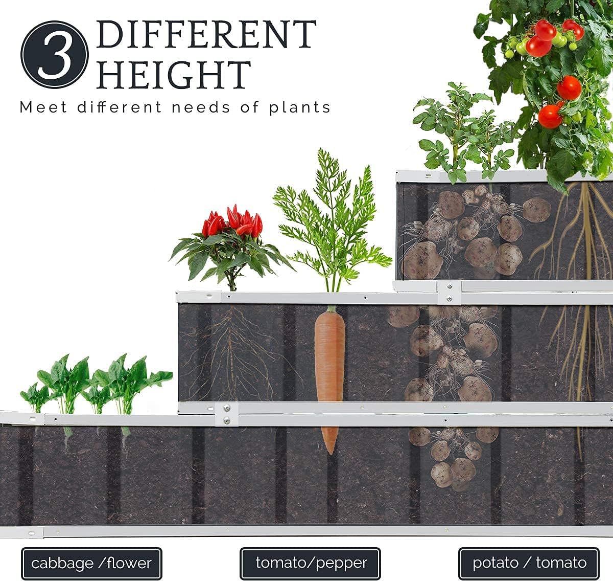 KING BIRD 3 Tiers Raised Garden Bed Dismountable Frame Galvanized Steel Metal Patio Garden Elevated Planter Box 46" x 46" x 23.6" for Growing Vegetables Flowers (Dark Grey)